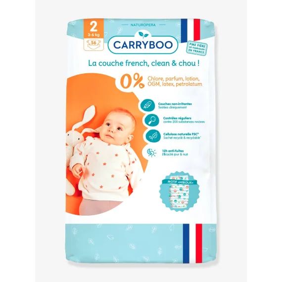 56 couches dermo-sensitives T2 (3-6 kg) CARRYBOO blanc