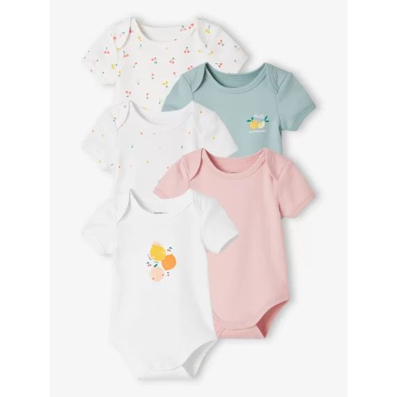 Lot de 5 bodies fruits manches courtes bébé ouverture US lot blanc