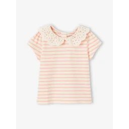 Tee-shirt rayé bébé fille col en broderie anglaise rose
