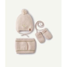 Set bonnet à pompon snood et moufles rose pâle bébé fille –  – Soldes