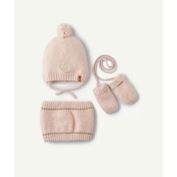 Set bonnet à pompon snood et moufles rose pâle bébé fille –  – Soldes