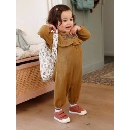 Combinaison brodée en gaze de coton bébé olive
