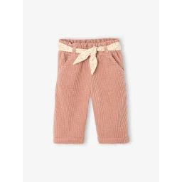 Pantalon large en velours ceinture à fleurs bébé vieux rose