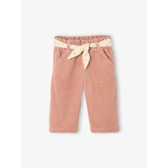 Pantalon large en velours ceinture à fleurs bébé vieux rose