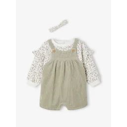 Ensemble sweat + salopette + bandeau bébé vert d’eau