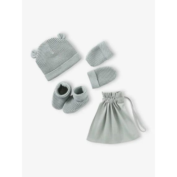 Ensemble bonnet, moufles et chaussons bébé naissance et son sac assorti bleu grisé