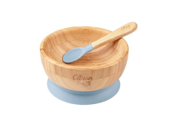 Bol Ventouse Citron + Cuillère Bambou – Dusty Blue