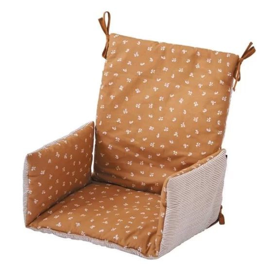 Coussin De Chaise Haute Bébé 100% Coton – Réversible – Lavable En Machine – 4 Attaches – À Partir De 6 Mois Camel / Rayé Marron