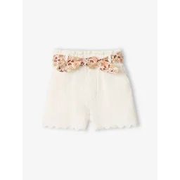 Short bébé en gaze de coton avec ceinture fleurie écru