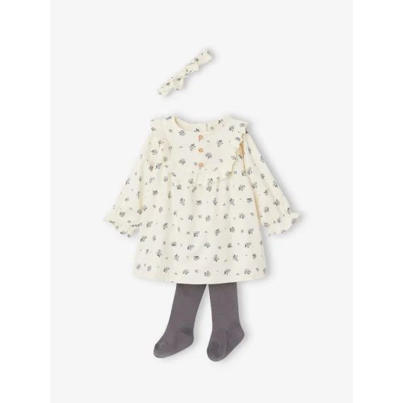 Ensemble bébé robe volantée à fleurs, bandeau assorti et collant bébé écru