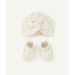 Set bonnet et chaussons écru imprimé fleuri