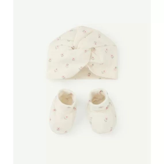 Set bonnet et chaussons écru imprimé fleuri