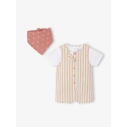 Ensemble tee-shirt + bandana + combinaison courte rayée bébé écru