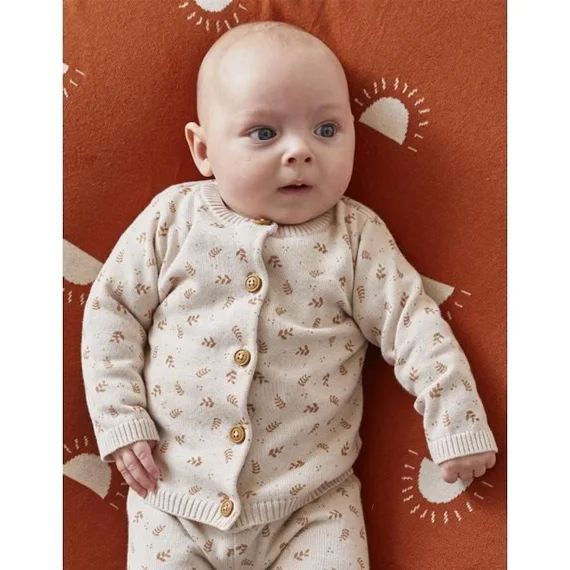 Cardigan imprimé végétal en tricot fin beige