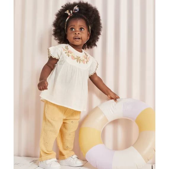 Pantalon fille jaune en coton avec détails ajourés –  – Soldes
