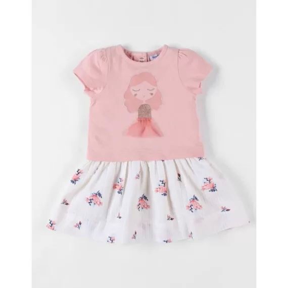 Robe Bi-matière À Manches Courtes Impression Fleurie Poudré Rose