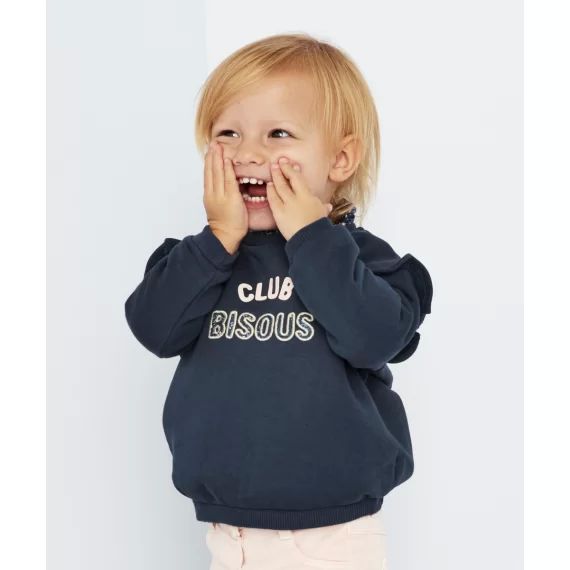 Sweat bébé fille bleu avec message club bisous en fibres recyclées –  – Soldes
