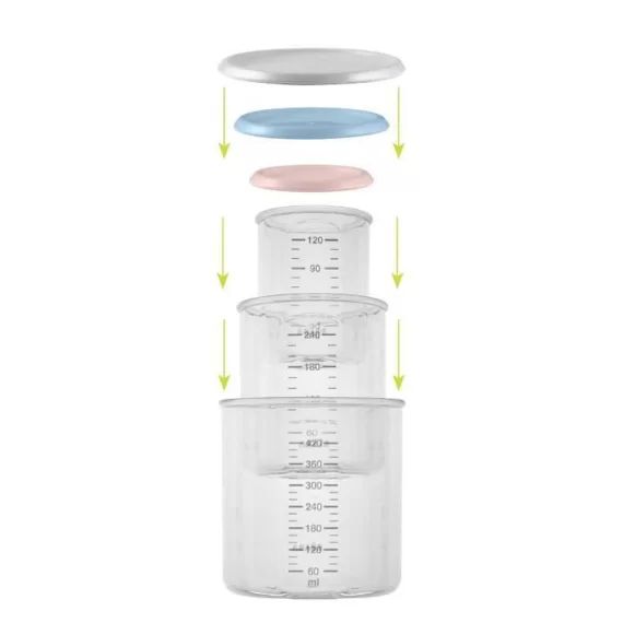 BEABA Coffret 3 Portions de conservation bébé – 1x120ml + 1x240ml + 1x420ml – Old pink/windy blue/grey rose