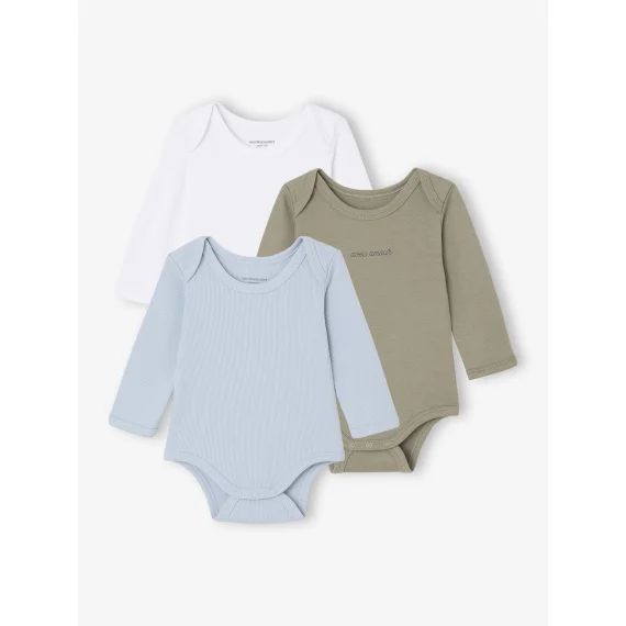 Lot de 3 bodies naissance en maille côtelée et interlock bleu ciel