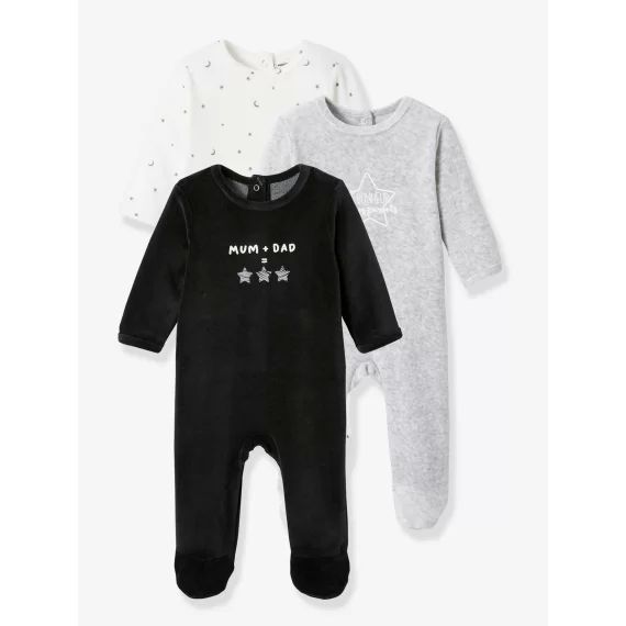 Lot de 3 pyjamas dors-bien en velours bébé ouverture dos BASICS lot noir