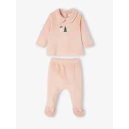 Pyjama de Noël bébé 2 pièces en velours rose poudré