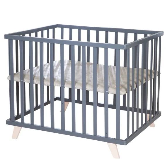 Parc Bébé En Bois Avec Tapis Déperlant En Cuir Végan Luxe Anthracite – Grège