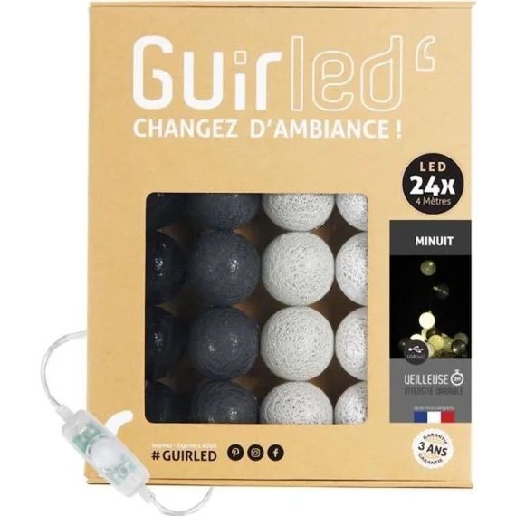 Guirlande lumineuse boules coton LED USB – Veilleuse bébé 2h –  3 intensités – 24 boules 2,4m – Minuit noir