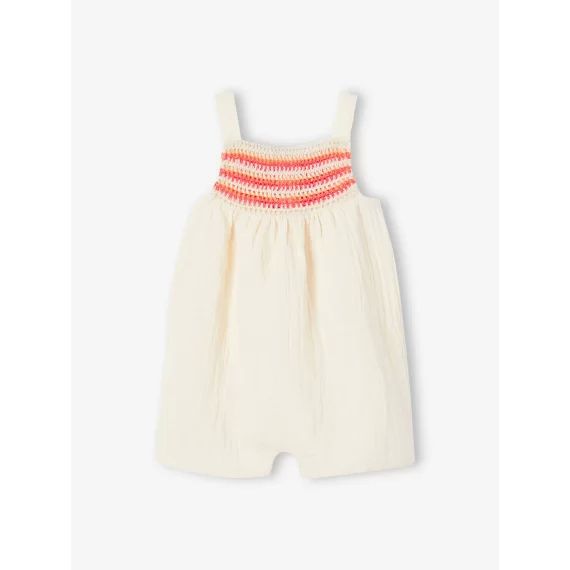 Combishort bébé en crochet et gaze de coton écru