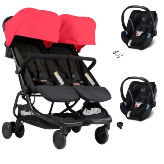 Poussette Double Mountain Buggy Nano Duo – Ruby + 2 Coques Auto Cybex Aton 5 – Deep Black