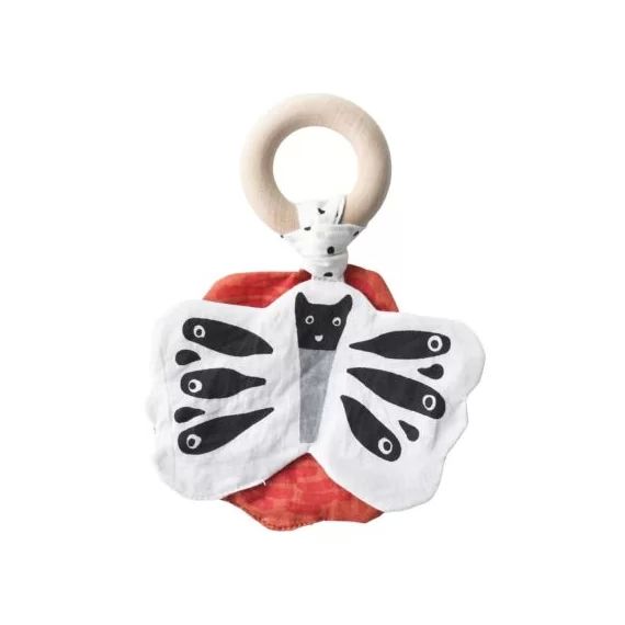 Hochet anneau en coton et bois Butterfly Papillon