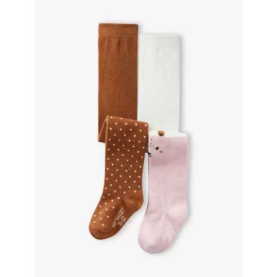 Lot de 2 paires de collants à pois/animalier bébé fille noisette