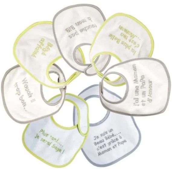 TROIS KILOS SEPT Lot de 7 bavoirs naissance – Maman Papa d&rsquo;amour blanc