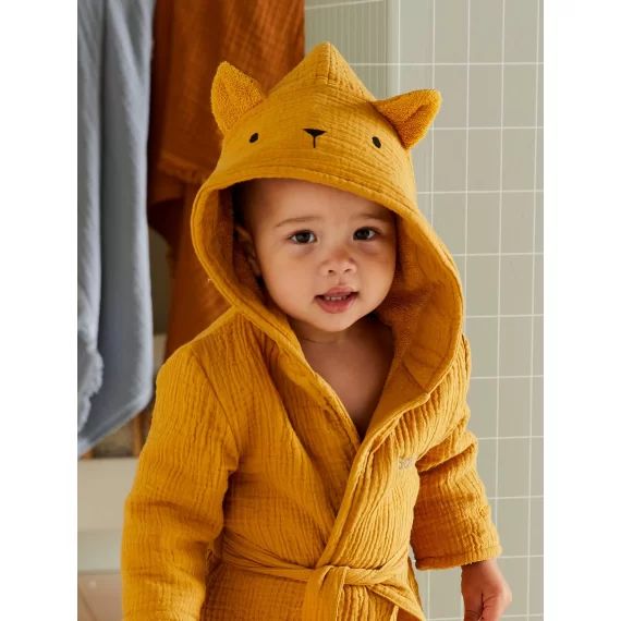 Peignoir bébé animal en gaze de coton bio* personnalisable ocre
