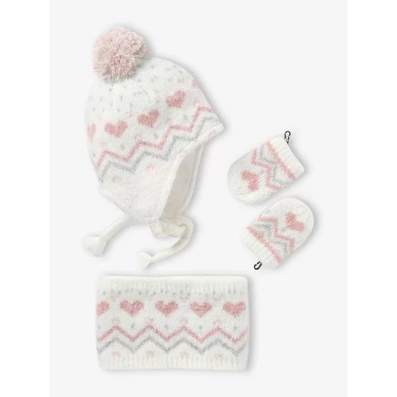 Ensemble bébé fille bonnet + snood + moufles maille jacquard fluffy écru
