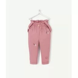 Le pantalon rose en coton aux bretelles amovibles et fleurs –  – Soldes