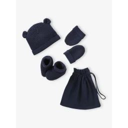 Ensemble bonnet, moufles et chaussons bébé naissance et son sac assorti marine