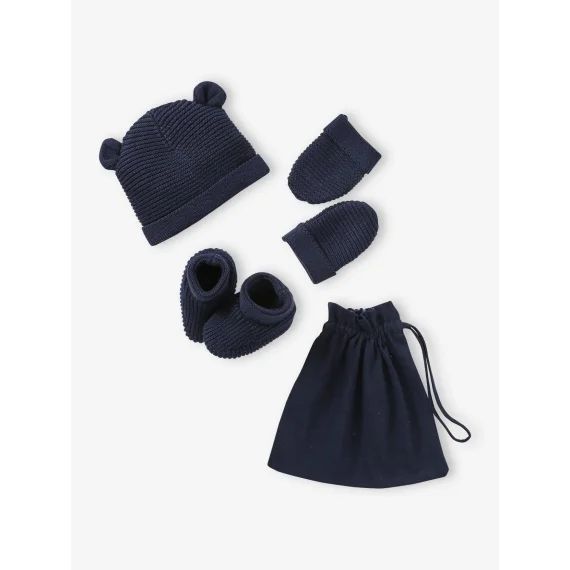 Ensemble bonnet, moufles et chaussons bébé naissance et son sac assorti marine