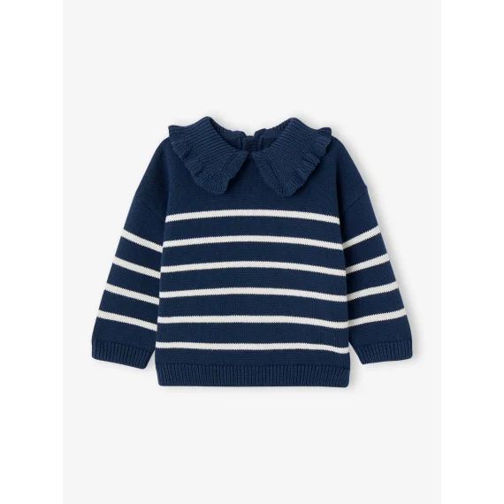 Pull rayé col à volant Bébé bleu jean