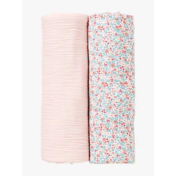 Lot de 2 langes d’emmaillotage rose/fleurs