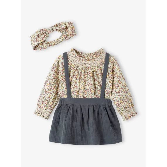 Ensemble 3 pièces : T-shirt + bandeau + jupe à bretelles bébé naissance vert