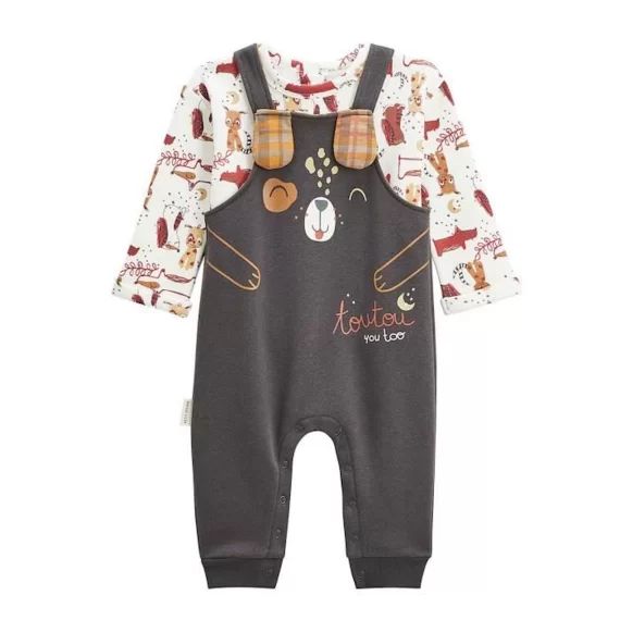 Ensemble Salopette Bébé En Molleton Et T-shirt Toutouyoutou Gris