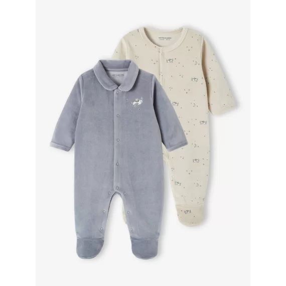 Lot de 2 dors-bien bébé en velours ouverture naissance bleu grisé