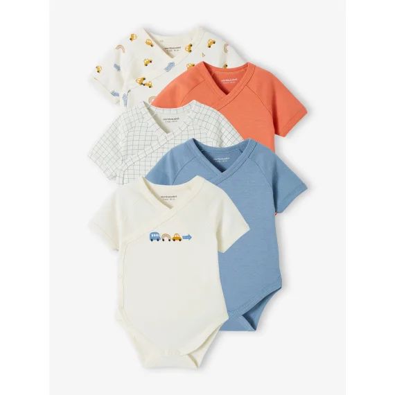 Lot de 5 bodies voitures bébé spécial naissance en coton biologique bleu ciel