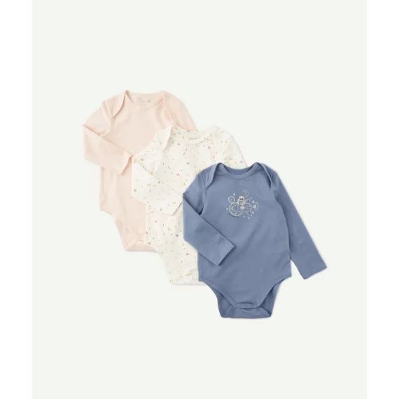 Lot de 3 bodies en coton biologique bleu écru et rose