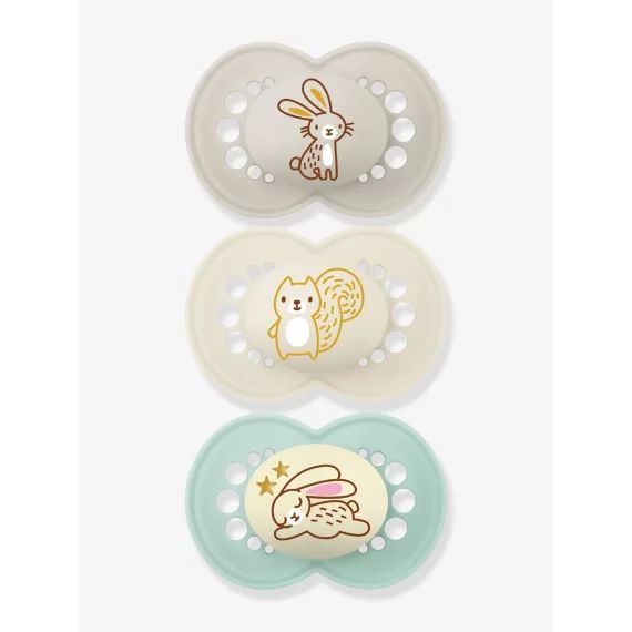 Lot de 3 sucettes en silicone MAM 18M+ : 2 Original + 1 Nuit lot gris motifs phoques