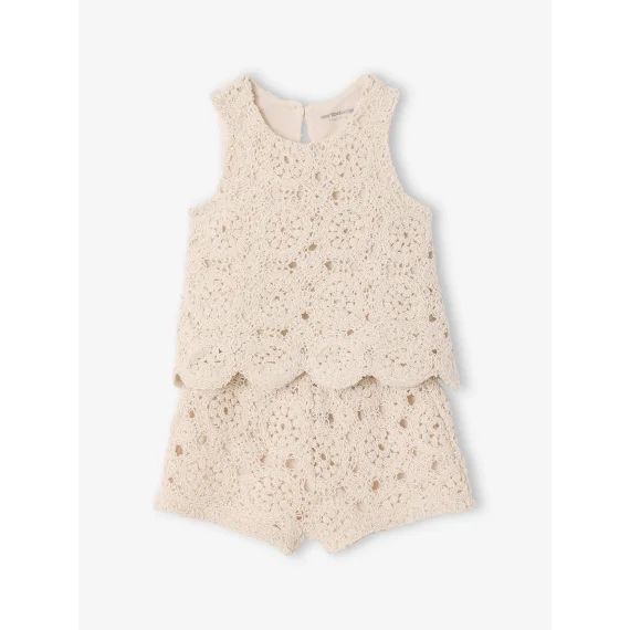 Ensemble bébé top + short en macramé vanille