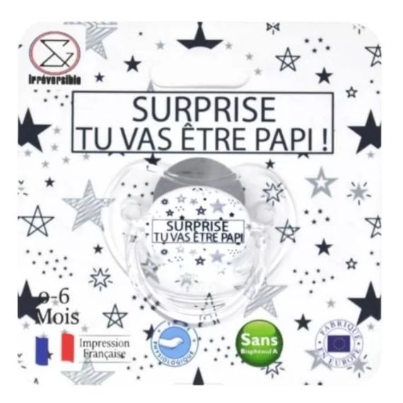 Sucette d&rsquo;annonce physiologique 0-6 mois – Surprise tu vas être PAPI – pour annoncer votre grossesse de façon originale bleu