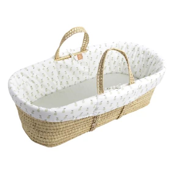 Couffin Bébé En Fibres Naturelles Avec Habillage Tissu Blanc/vert