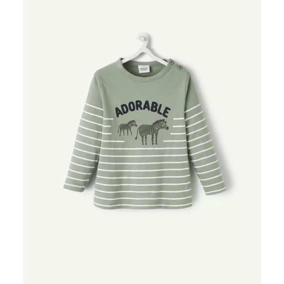 T-shirt kaki en fibres recyclées bébé garçon rayé et zèbres –  – Soldes