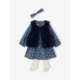 Ensemble 4 pièces bébé robe + gilet réversible + bandeau + collants marine